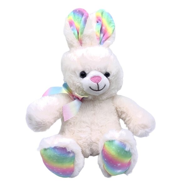 Kellytoy Bunny Rabbit Rainbow Accent Ears Bow Plush Animal 15” Seated Easter - Picture 1 of 7